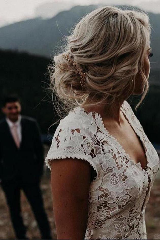 Cap sleeves Modern Backless Lace Ivory Court Train Beach Wedding Dress-Ballbella