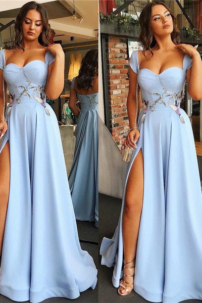 Cap Sleeves Open Back Blue Evening Dress Chic Side Slit Appliques Prom Dresses On Sale