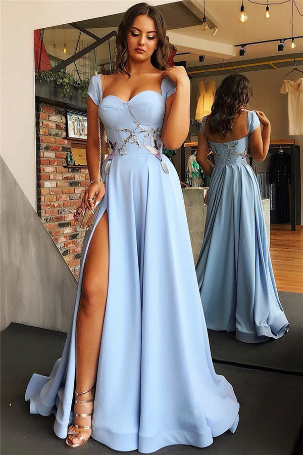 Ballbella offers Cap Sleeves Open Back Blue Evening Dress Chic Side Slit Appliques Prom Dresses On Sale at a cheap price from  to A-line hem. Gorgeous yet affordable.