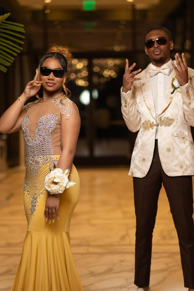 Cap Sleeves Silver Beaded Gold Mermaid Long Prom Dresses Cap Sleeves Silver Beaded Gold Mermaid Long Prom Dresses