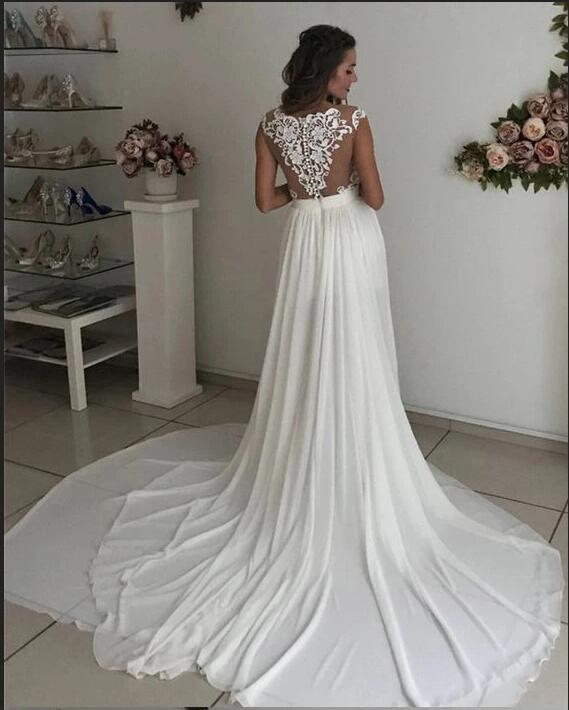 Ballbella offers Cap sleeves V-neck Chiffon Front split Court Train Wedding Dress at factory price.High quality promised, fast delivery worldwide.
