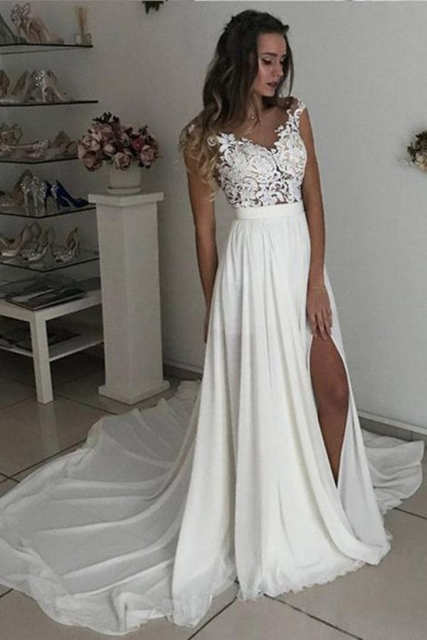 Ballbella offers Cap sleeves V-neck Chiffon Front split Court Train Wedding Dress at factory price.High quality promised, fast delivery worldwide.
