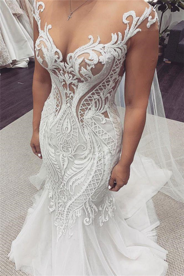 Cap sleeves White Lace Mermaid court Train Wedding Dress-Ballbella