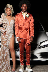 Caramel Peaked Lapel Double-Breasted Prom Suit with Belt-Ballbella