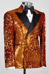 Caramel Sequin Peaked Lapel Double-Breasted Prom Suit-Ballbella