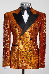 Caramel Sequin Peaked Lapel Double-Breasted Prom Suit-Ballbella