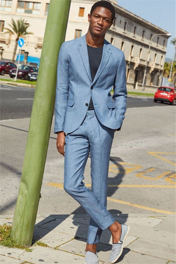 Casual Linen Beach Suit Wedding Groom Classic Prom Dress Men Party Wear with 2 Pieces-Ballbella