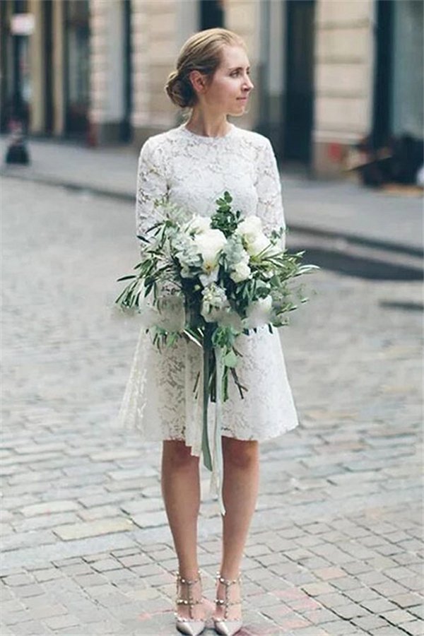 Casual Long Sleevess Lace Summer Short Summer Wedding Dress Online-Ballbella