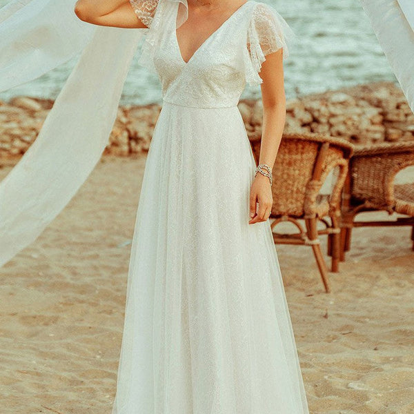 Casual Wedding Dress A Lne Chic V-Neck Short Sleeve Long Tulle Beach Wedding Party Dresses Bridal Gowns