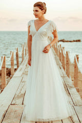 Casual Wedding Dress A Lne Chic V-Neck Short Sleeve Long Tulle Beach Wedding Party Dresses Bridal Gowns-Ballbella