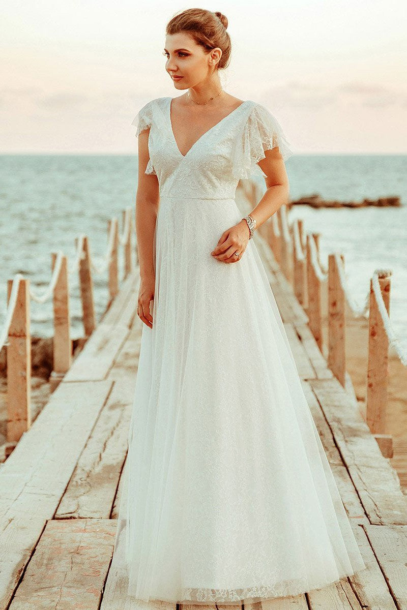 Casual Wedding Dress A Lne Chic V-Neck Short Sleeve Long Tulle Beach Wedding Party Dresses Bridal Gowns-Ballbella