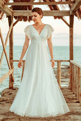 Casual Wedding Dress A Lne Chic V-Neck Short Sleeve Long Tulle Beach Wedding Party Dresses Bridal Gowns-Ballbella
