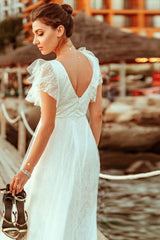 Casual Wedding Dress A Lne Chic V-Neck Short Sleeve Long Tulle Beach Wedding Party Dresses Bridal Gowns-Ballbella