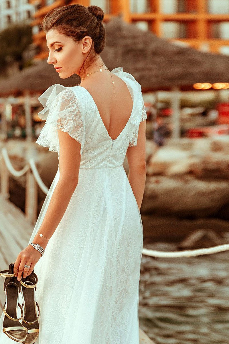 Casual Wedding Dress A Lne Chic V-Neck Short Sleeve Long Tulle Beach Wedding Party Dresses Bridal Gowns-Ballbella