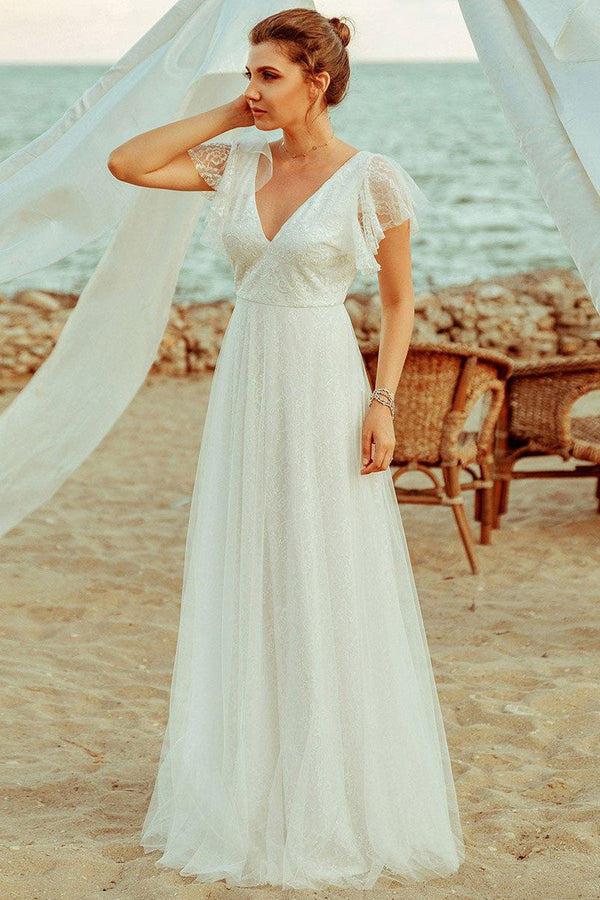 Casual Wedding Dress A Lne Chic V-Neck Short Sleeve Long Tulle Beach Wedding Party Dresses Bridal Gowns-Ballbella