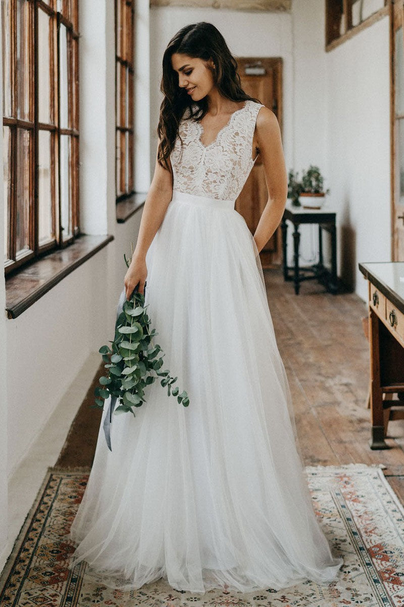 Casual Wedding Dress Tulle A-Line Chic V-Neck Sleeveless Lace Long Bridal Gowns Casual Wedding Dress Tulle A-Line Chic V-Neck Sleeveless Lace Long Bridal Gowns