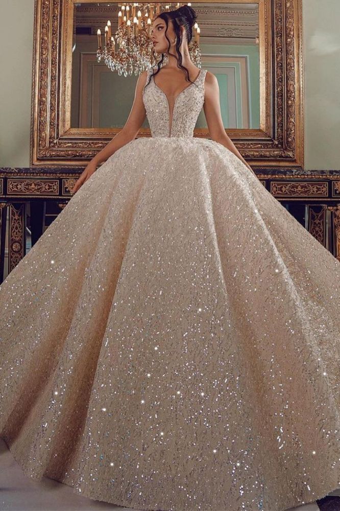 Cathedral wedding dress V Neck Aline Sequined Bridal Gowns Sleevelss-Ballbella