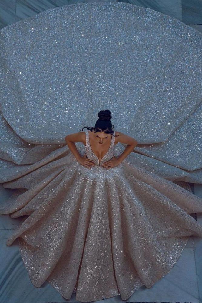 Cathedral wedding dress V Neck Aline Sequined Bridal Gowns Sleevelss-Ballbella