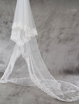 Cathedral White Lace Applique Edge Tulle Wedding Veil-Ballbella