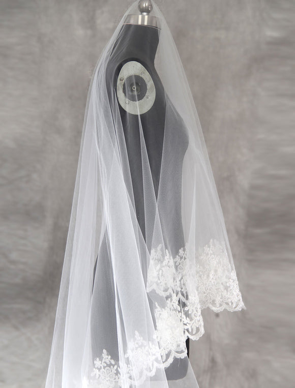 Cathedral White Lace Applique Edge Tulle Wedding Veil-Ballbella