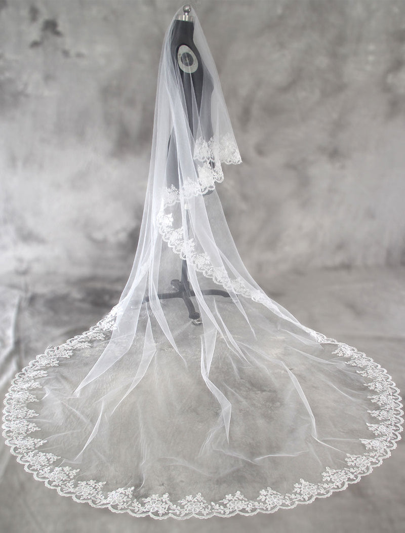Lace Applique Edge Wedding Veil One Layer Cathedral Length Lace
