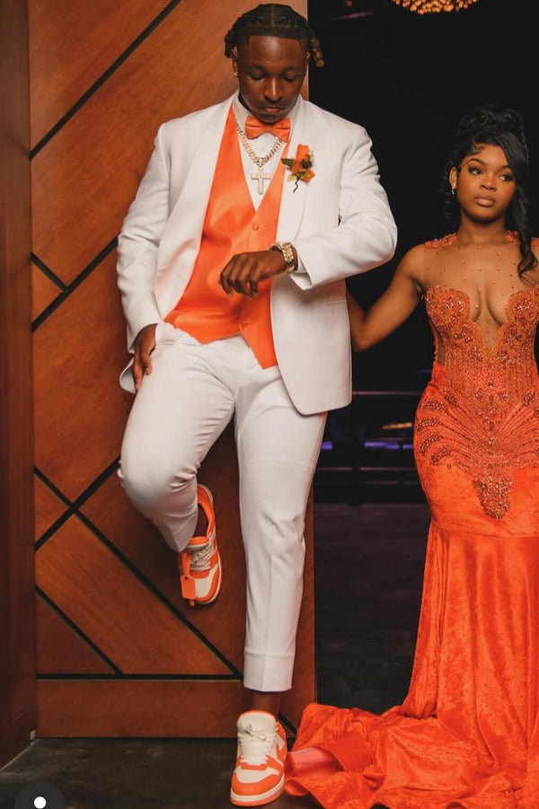 White Shawl Lapel 3-Piece Prom Suit with Orange Vest