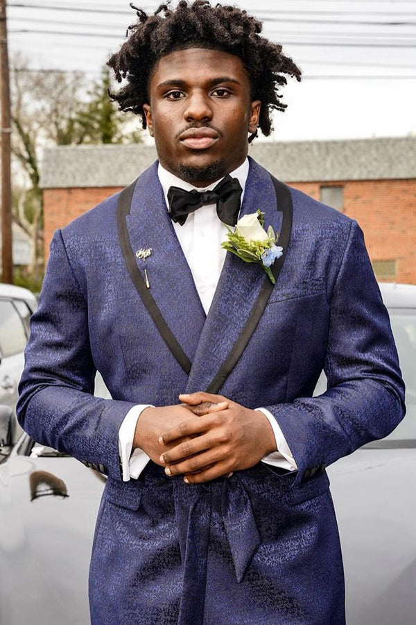Navy Jacquard Shawl Lapel Prom Suit with Black Pants
