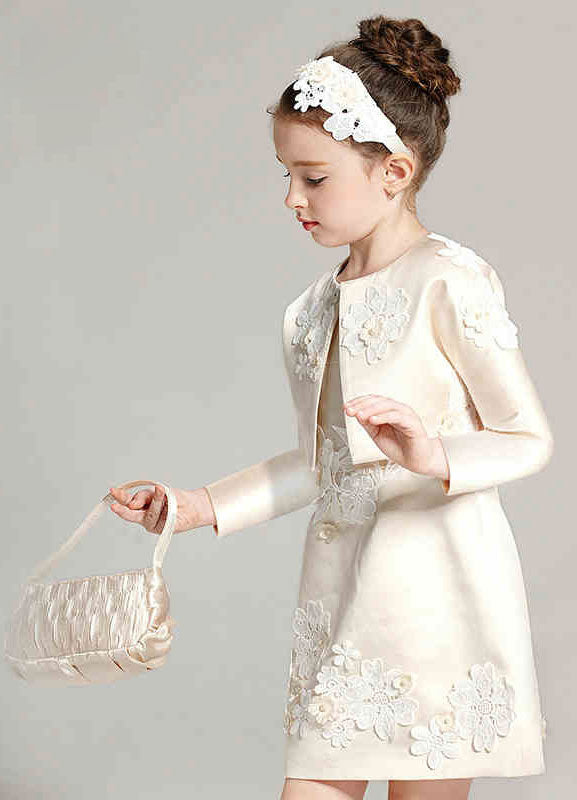 Champagne flower girl dress Outfit A Line Flower Applique Beaded Knee Length Pageant Dress With Jacket