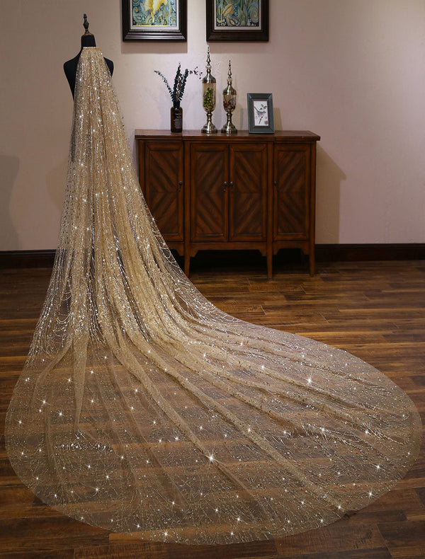 Champagne Cathedral Lace Sparkling Waterfall One Tier Cut Edge Wedding Veils-Ballbella
