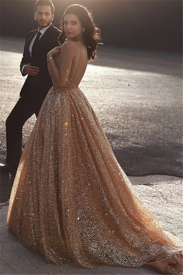 Search for champagne prom dresses online? Ballbella offer you Champagne Elgant A-line Spaghetti Straps Backless Sequins Prom Dresses available in 30 colors and 2-26w sizes,  and also free custom make service.