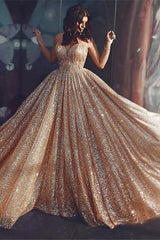 Champagne Elgant A-line Spaghetti Straps Backless Sequins Prom Dresses-Ballbella