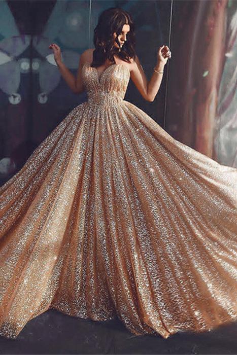 Champagne Elgant A-line Spaghetti Straps Backless Sequins Prom Dresses-Ballbella