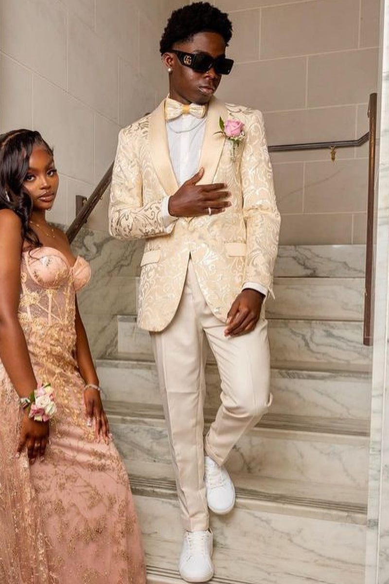 Champagne Jacquard Prom Suit with Satin Shawl Lapel Champagne Jacquard Prom Suit with Satin Shawl Lapel