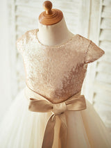 Champagne Jewel Neck Short Sleeves Sash Kids Party Dresses-Ballbella
