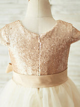 Champagne Jewel Neck Short Sleeves Sash Kids Party Dresses-Ballbella