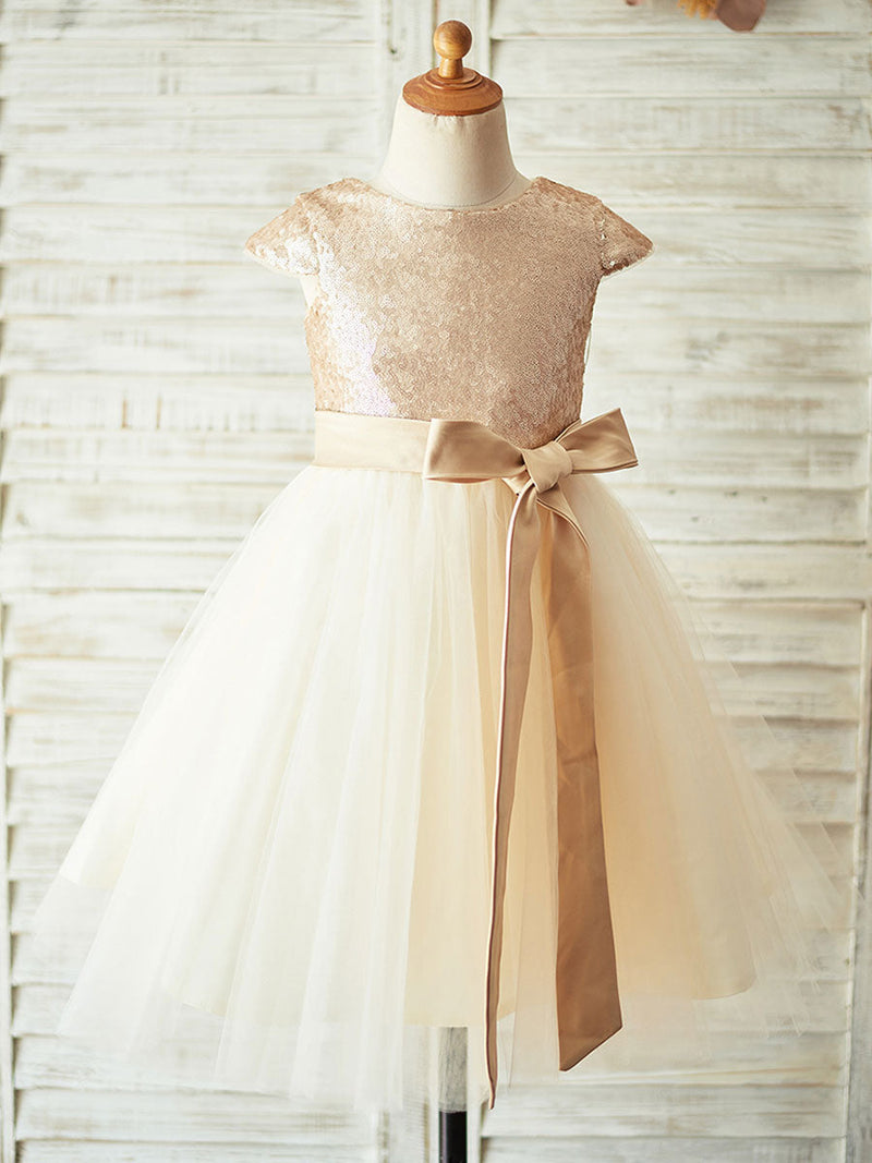 Champagne Jewel Neck Short Sleeves Sash Kids Party Dresses, Champagne / Child 2 Champagne Jewel Neck Short Sleeves Sash Kids Party Dresses, Champagne / Child 2
