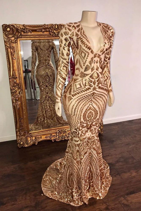 Champagne Sequins V-Neck Long Sleevess Mermaid Prom Dresses Champagne Sequins V-Neck Long Sleevess Mermaid Prom Dresses