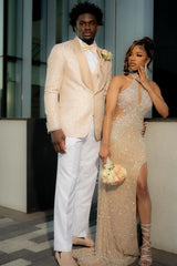 Champagne Shawl Lapel 3-Piece Jacquard Prom Suit-Ballbella