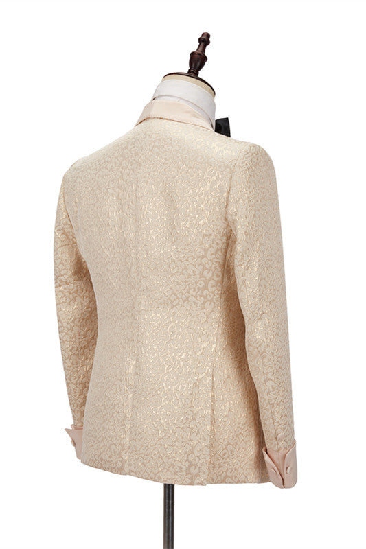 Champagne Shawl Lapel Slim Jacquard Wedding Men Suits-Ballbella