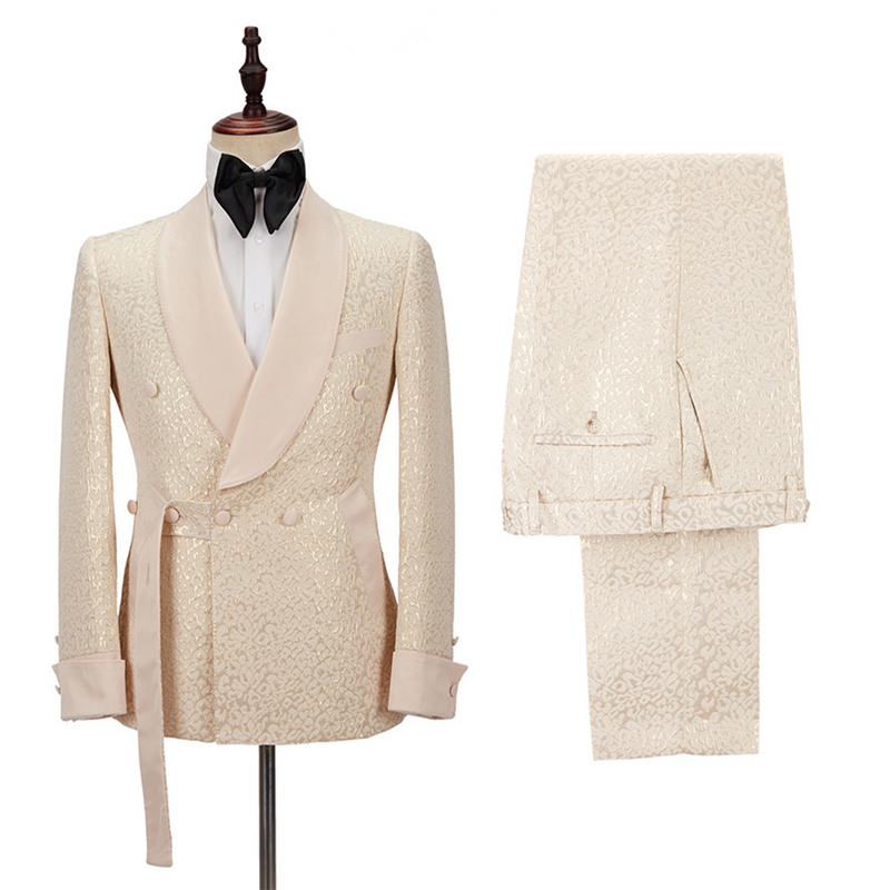 Champagne Shawl Lapel Slim Jacquard Wedding Men Suits-Ballbella