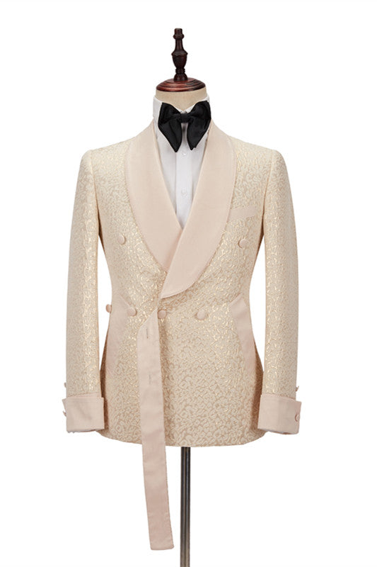 Champagne Shawl Lapel Slim Jacquard Wedding Men Suits-Ballbella