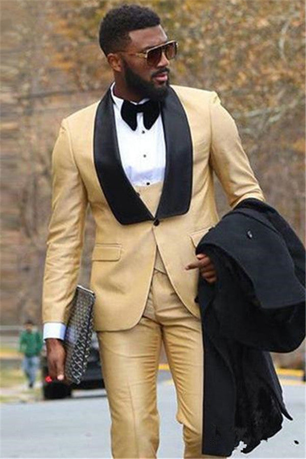 Champagne Three Piece Formal Business Men Suit with Black Lapel-Ballbella