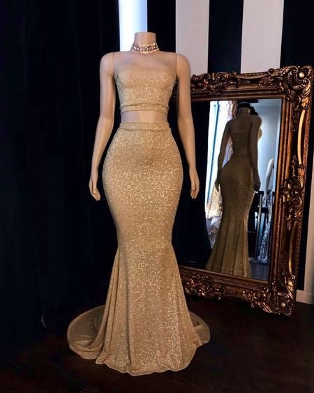 Looking for Prom Dresses, Evening Dresses, Real Model Series in Sequined,  Mermaid style,  and Gorgeous Sequined work? Ballbella has all covered on this elegant Champagne Two-piece Strapless Long Mermaid Prom Dresses with Choker.