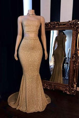Champagne Two-piece Strapless Long Mermaid Prom Dresses with Choker-Ballbella