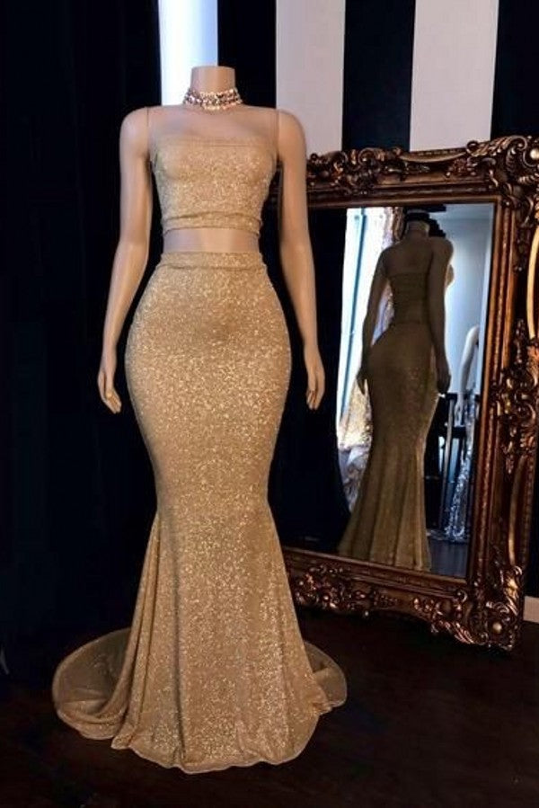 Champagne Two-piece Strapless Long Mermaid Prom Dresses with Choker-Ballbella