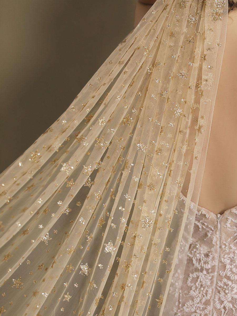 Champange Wedding Veil One-tier Sequins Stars Tulle Finished Edge Waterfall Bridal Veils