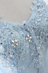 Looking for Prom Dresses in Organza,  Ball Gown style,  and Gorgeous Appliques work? Ballbella has all covered on this elegant CHARLIZE,Ball Gown Sweetheart Tulle Sky Blue Prom Party Gowns with Sequins.