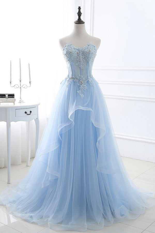 Looking for Prom Dresses in Organza,  Ball Gown style,  and Gorgeous Appliques work? Ballbella has all covered on this elegant CHARLIZE,Ball Gown Sweetheart Tulle Sky Blue Prom Party Gowns with Sequins.