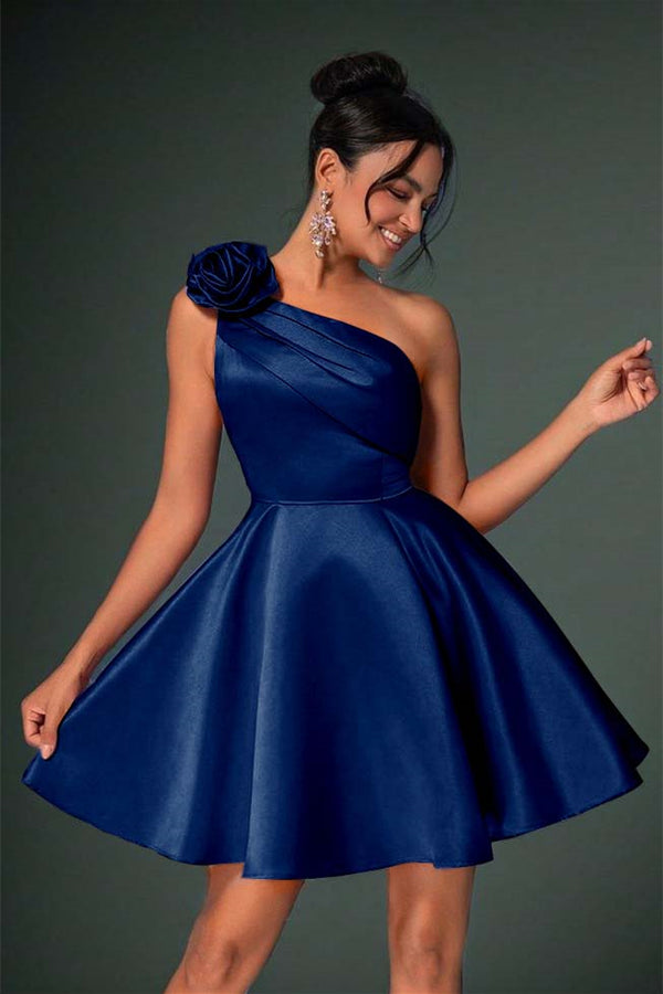 one shoulder dresses homecoming Charming A-Line Asymmetrical One Shoulder Homecoming Dress Satin Sleeveless Mini On Sale