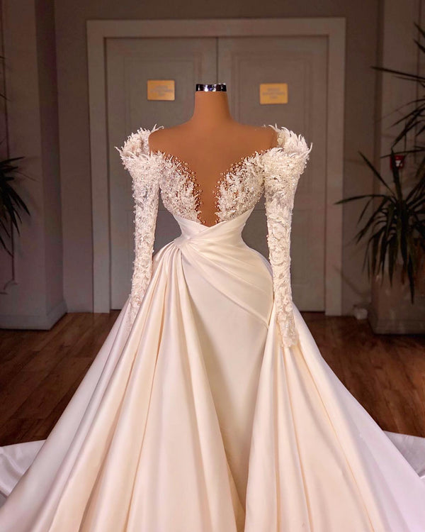 Charming A-Line Cathedral V-Neck Long Wedding Dress With Long Sleeves-Ballbella